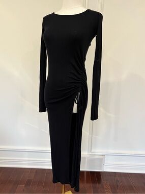 Black Ribbed Long Sleeve Maxi Dress Ruched Side Slit Bodycon Fitted Sz S